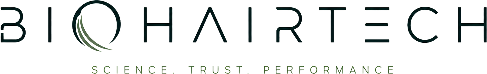 BioHairTech wordmark with the tagline Science. Trust. Performance. in Deep Forest and Sage on transparent