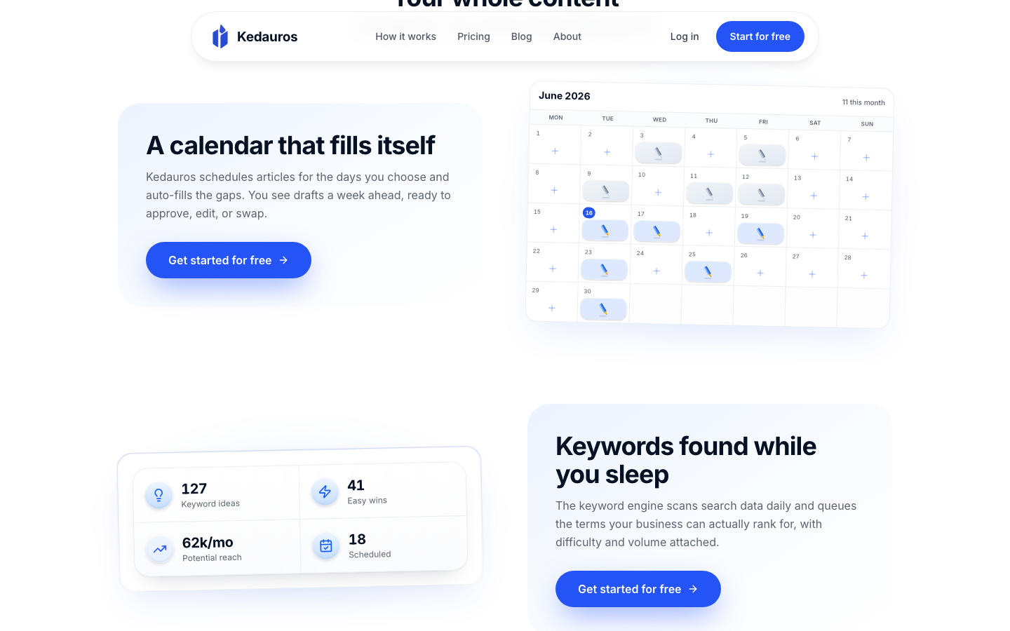 Content calendar that fills itself, next to the keyword engine panel with keyword ideas and easy wins