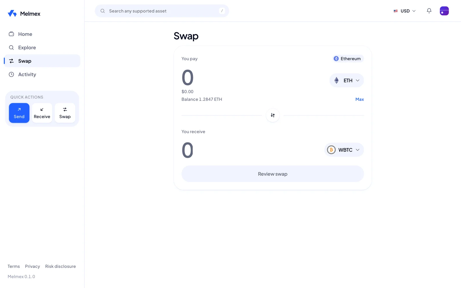Melmex swap screen on desktop: you pay ETH on Ethereum, you receive WBTC, review swap