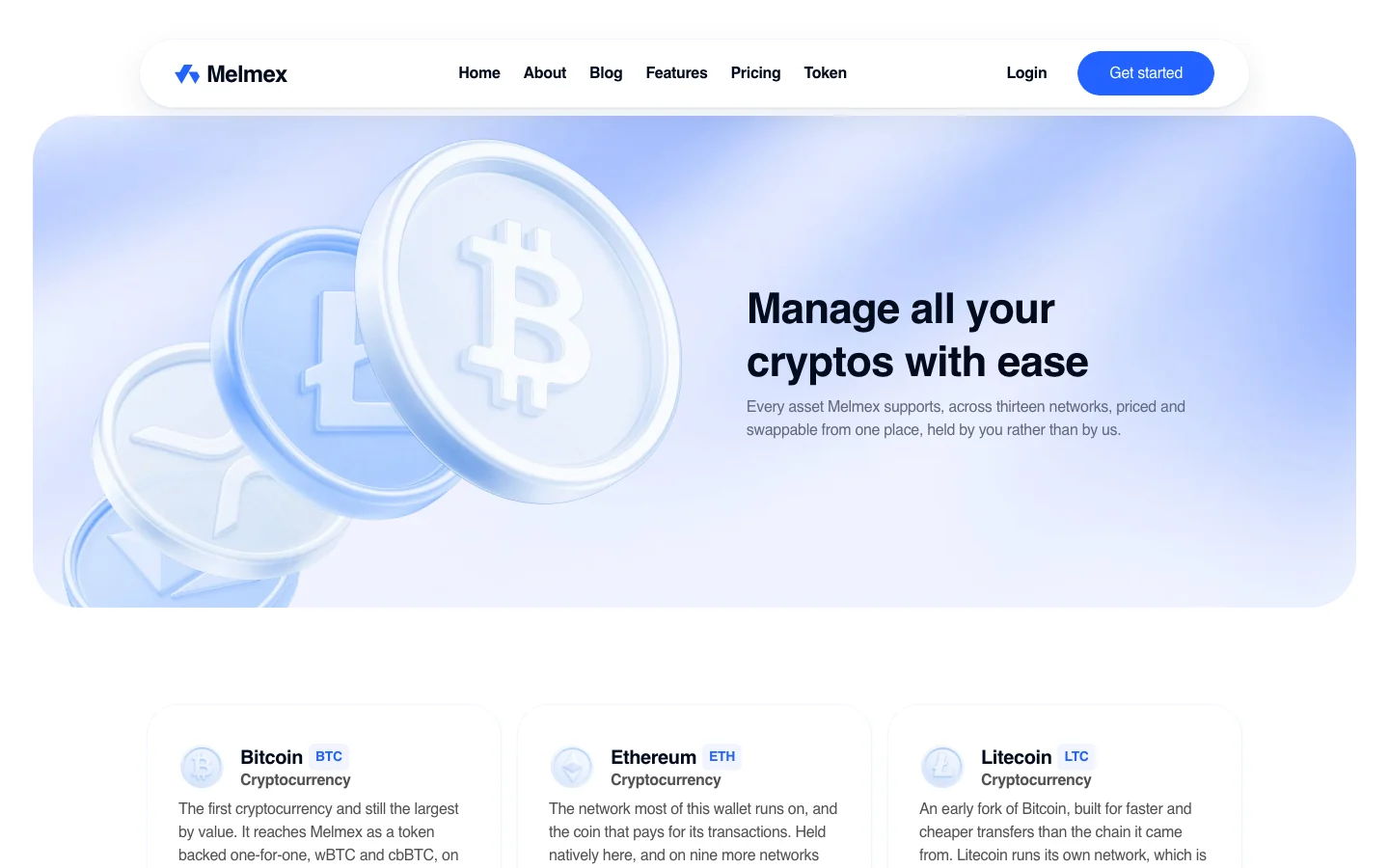 Melmex cryptos page: Manage all your cryptos with ease, with asset cards for Bitcoin, Ethereum and Litecoin