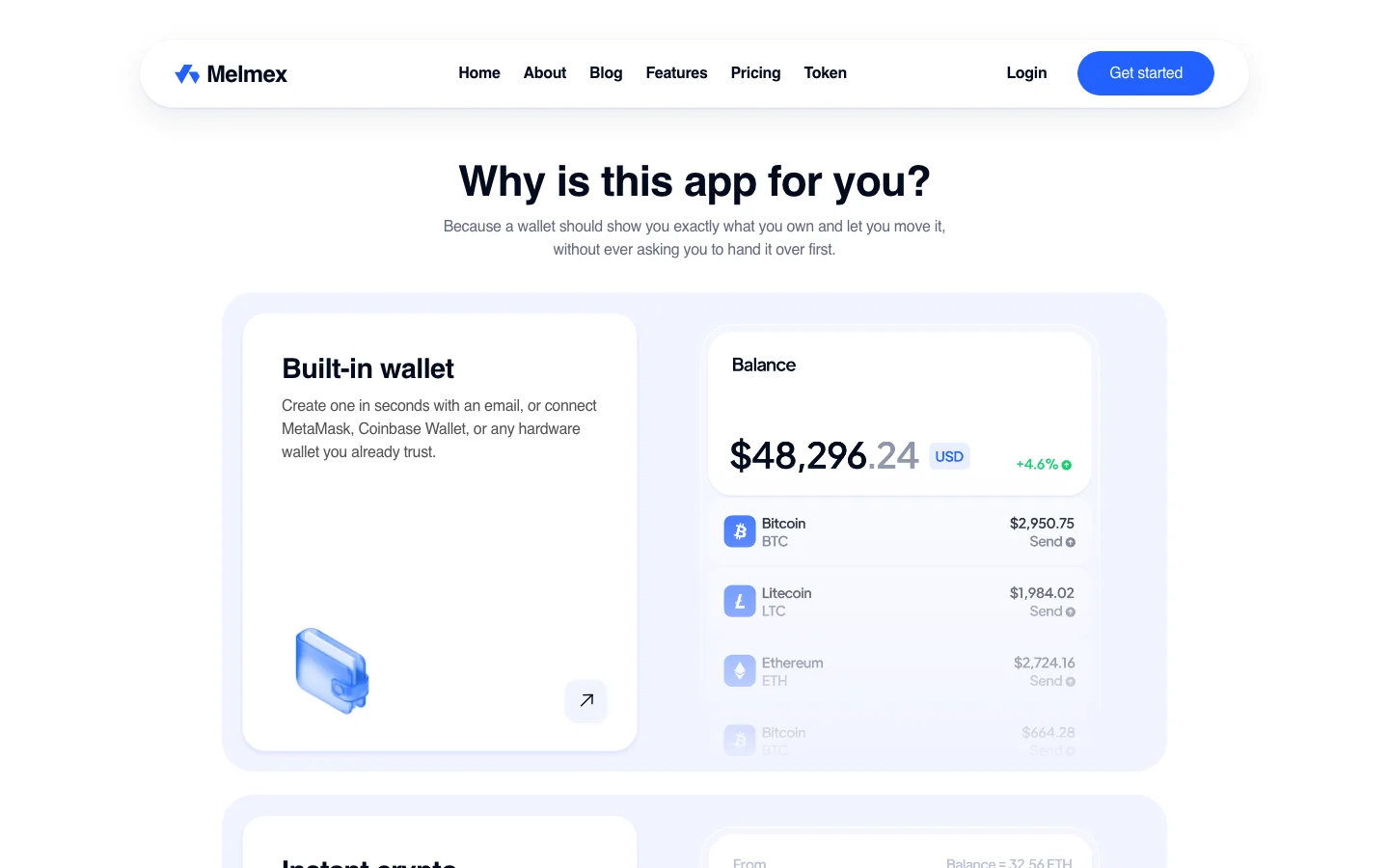 Melmex features page: Why is this app for you, built-in wallet card beside a balance panel