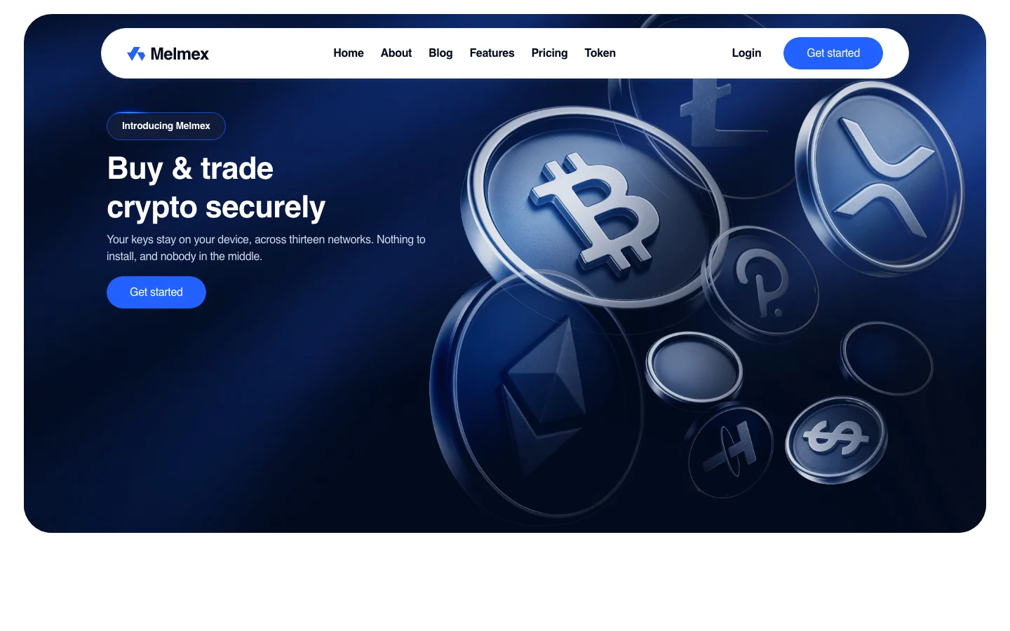 Melmex home page hero at 1440x900: navy hero with floating 3D coins and the line Your keys stay on your device, across thirteen networks