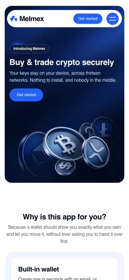 Melmex home page on a 440px phone viewport: hero with coins and Get started