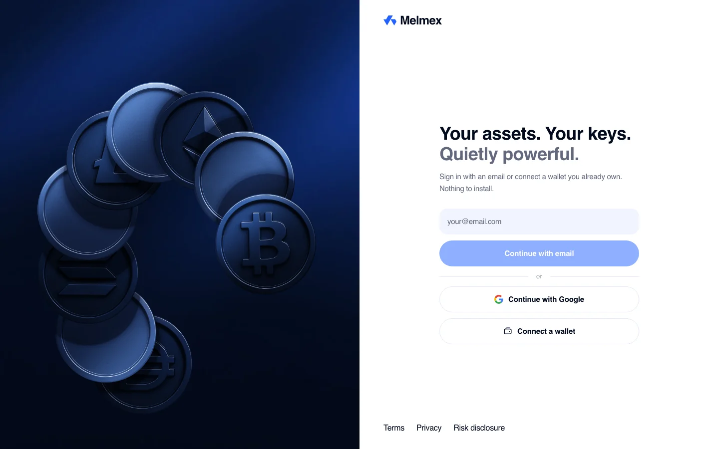 Melmex sign-in screen: continue with email, Google or connect a wallet, beside the tagline Your assets. Your keys. Quietly powerful.